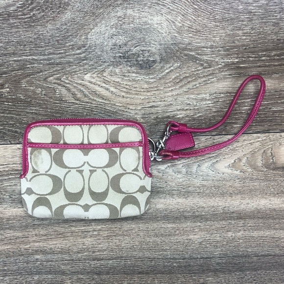 Coach Coin Wallet Wristlet Khaki Hot Pink Leather Trim Silver Logo Plate - Picture 4 of 10